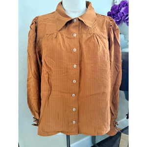 Blu Pepper Rust Orange Textured Button Front LARGE Blouse Womens Long Sleeve NWT